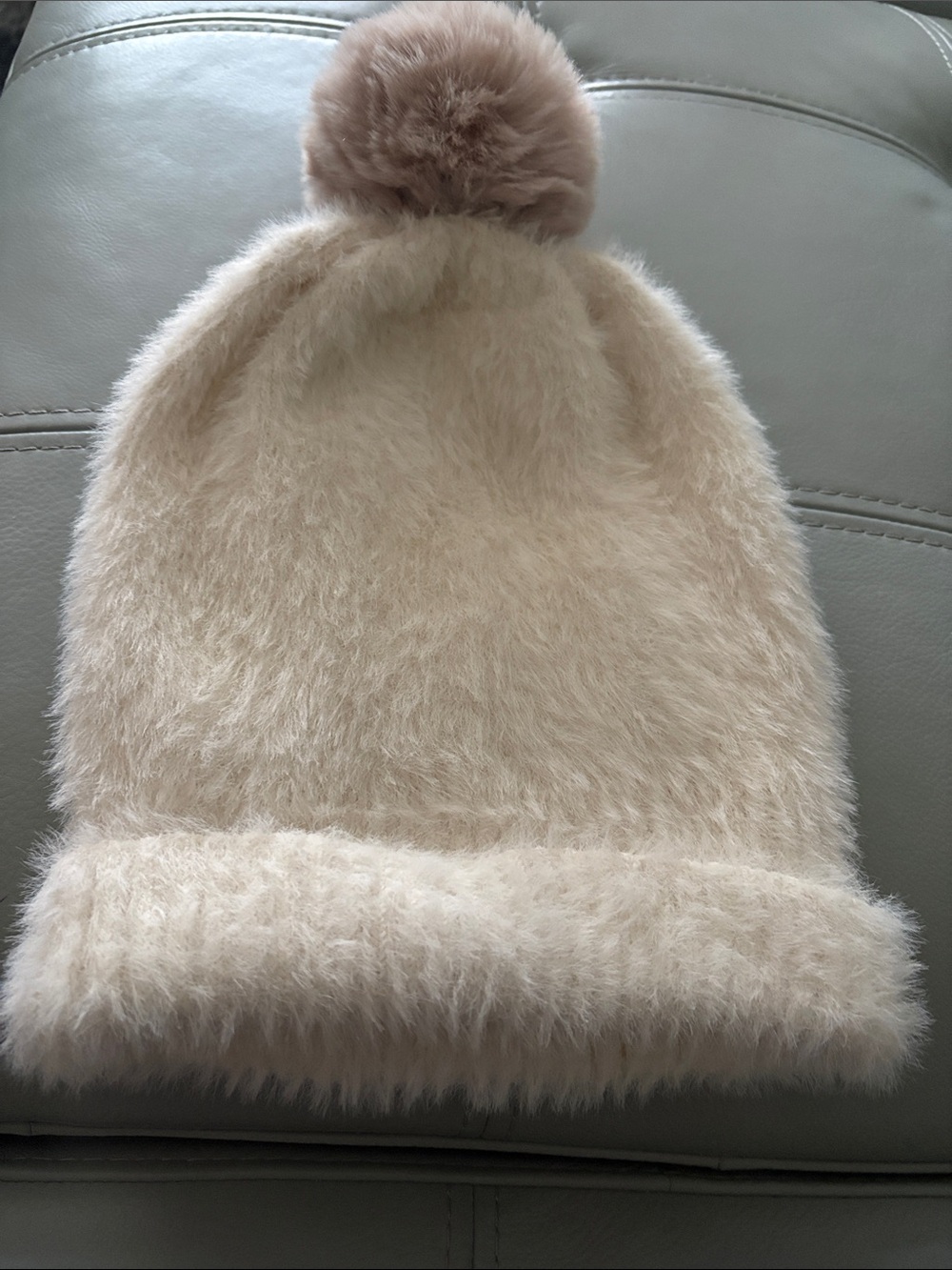 Plush Cream Faux Fur Pom-Pom Beanie - Women's Winter Hat